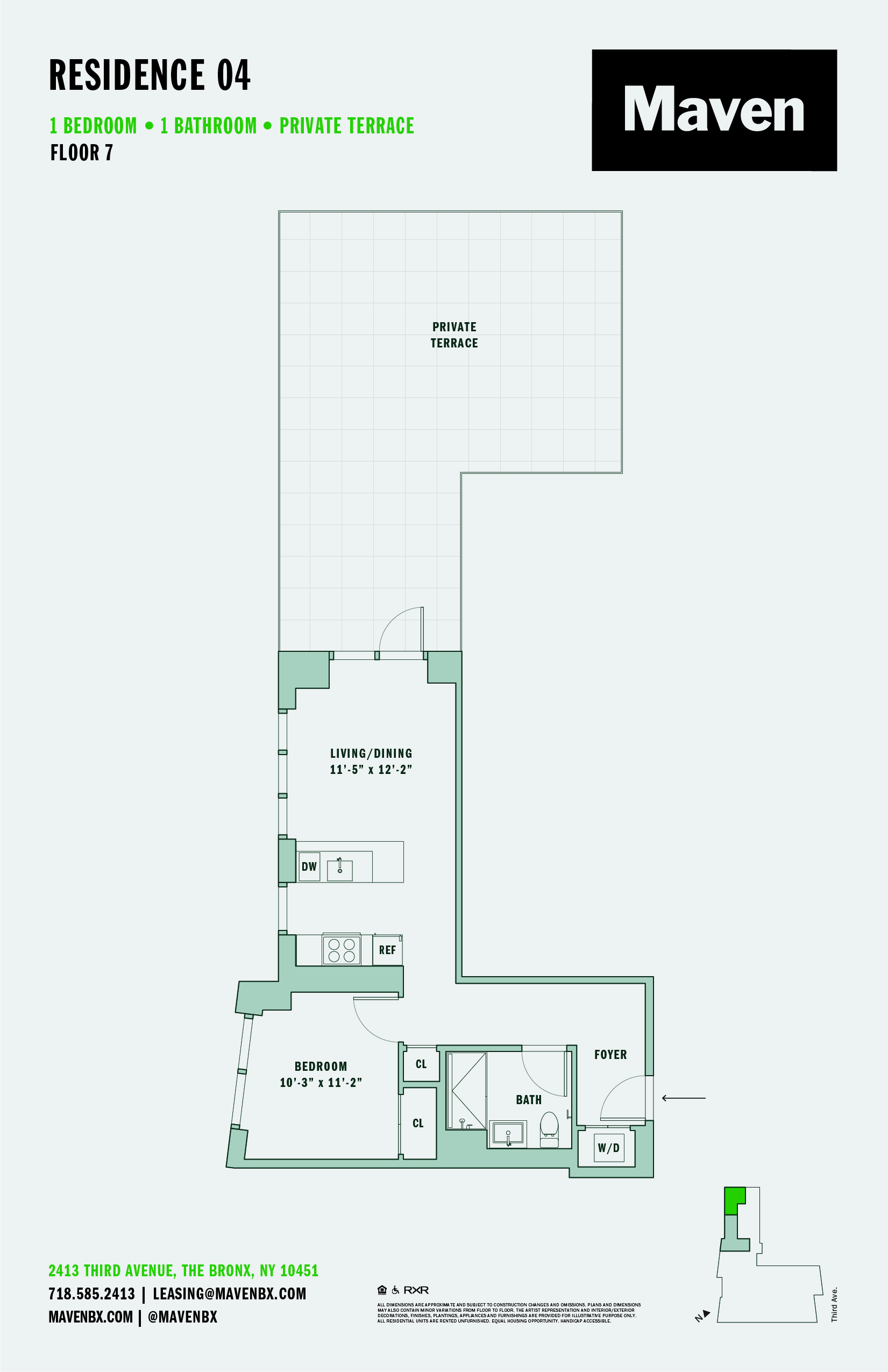 Floor plan for 1 bed, 1 bath, 624 sqft